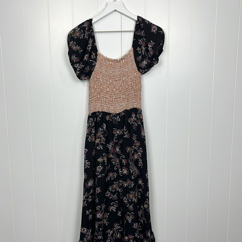 Haptic Holly Harper Womens Midi Dress No Size Tag Burgundy/Black Smocking Floral - Picture 9 of 14